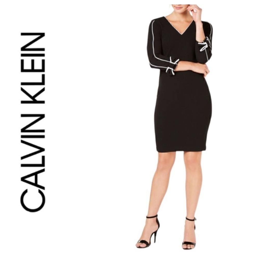 Calvin Klein Black V Neck Sheath Dress with Contrast Piping Size 4 Petite NWT